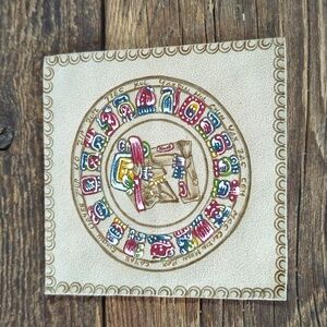 Artist Signed Suede Leather Hand Painted Mayan Calendar 5 1/4" Square